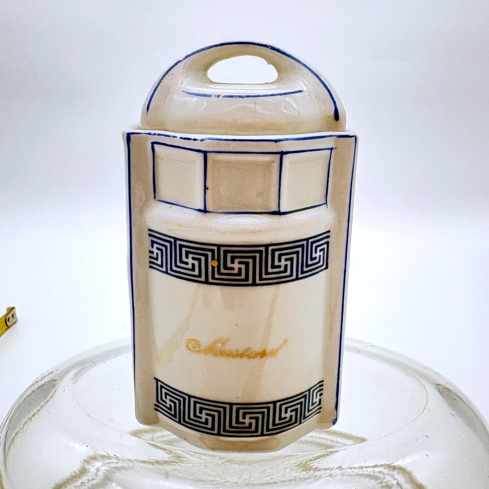 Antique German Porcelain Mustard Pot Greek Key Blue White Lidded Jar Spice